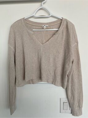 bp Light Beige Cropped V-Neck Ribbed Sweater